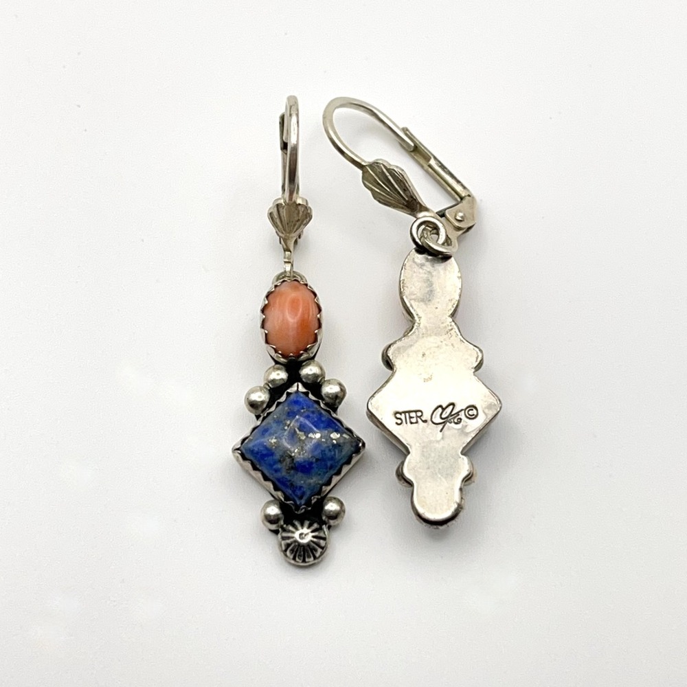Vintage Southwestern Sterling Silver Earrings Signed Lapis Coral Dangle